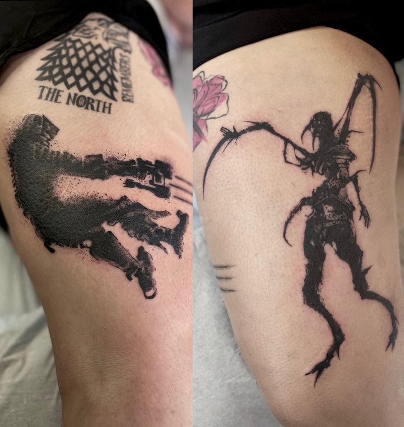 A side-by-side comparison of two black tattoos on someones thigh