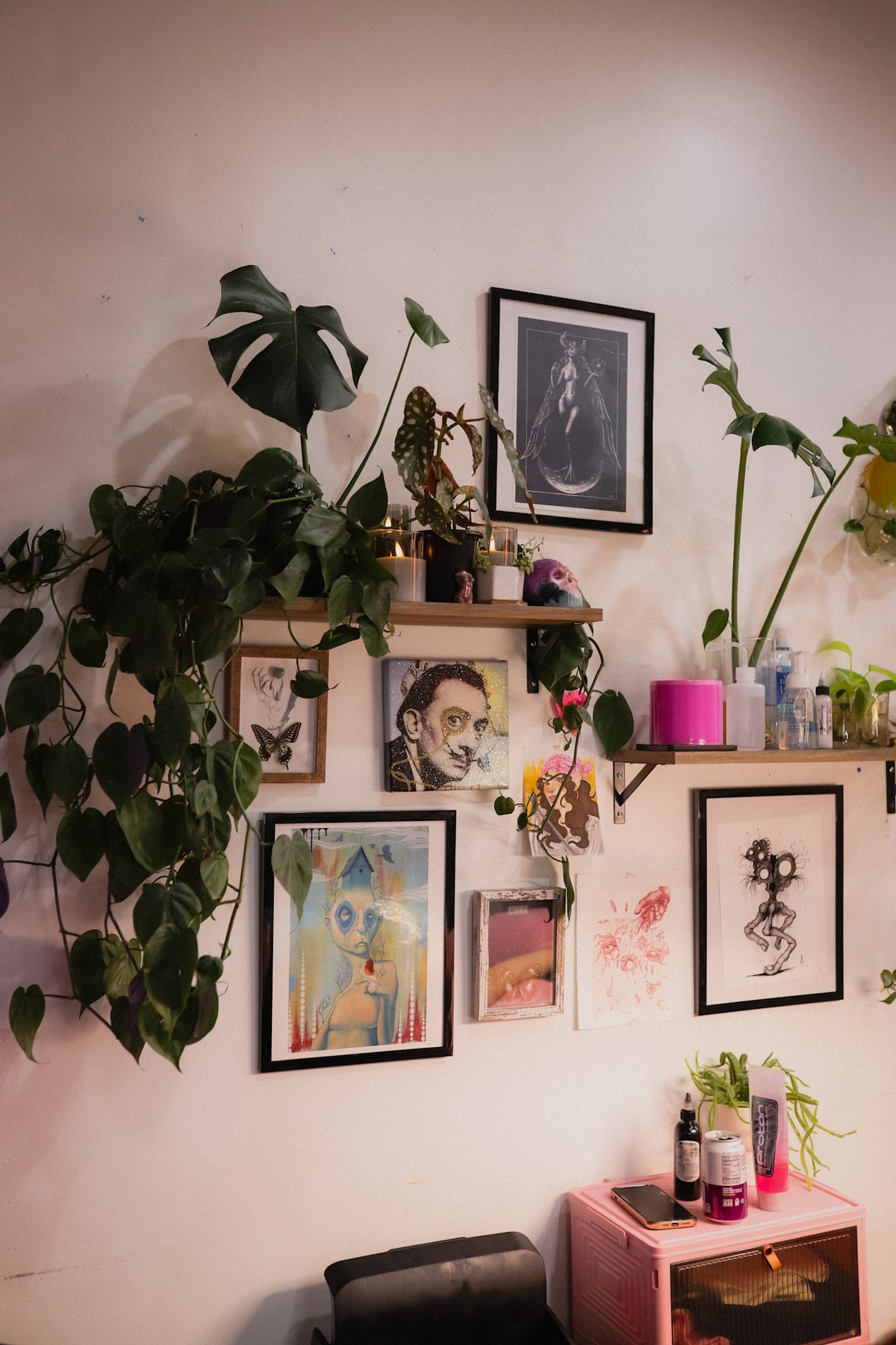 A styled interior wall with multiple framed art prints, wooden shelves, and numerous green houseplants, including a large monstera leaf draping down on the left. A pink side table is visible in the lower right corner.