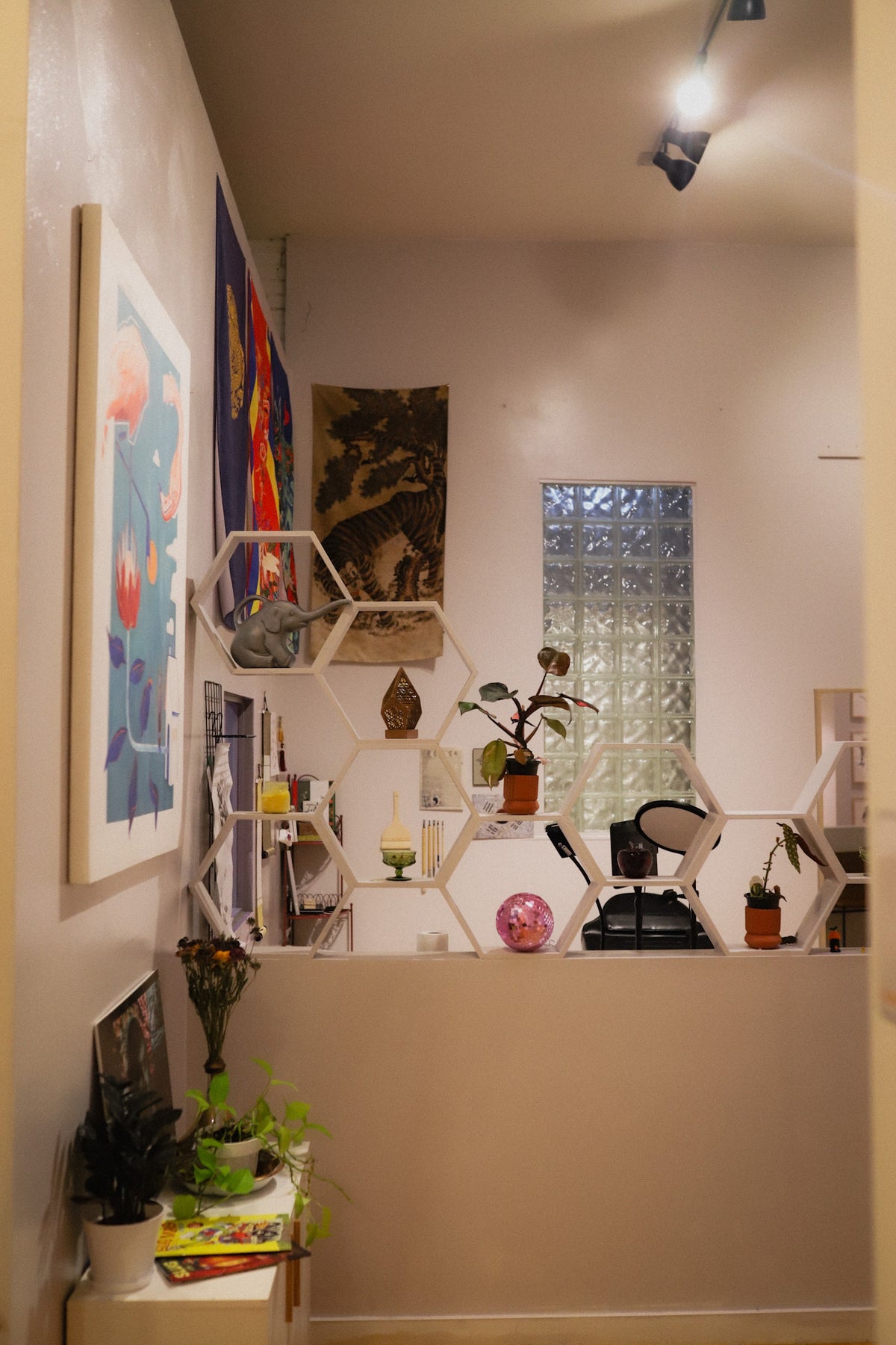 A narrow interior hallway or room corner with beige walls, white hexagonal wall shelves, framed abstract artwork, plants, books, and a glass block window. No single retail product is isolated as the subject.