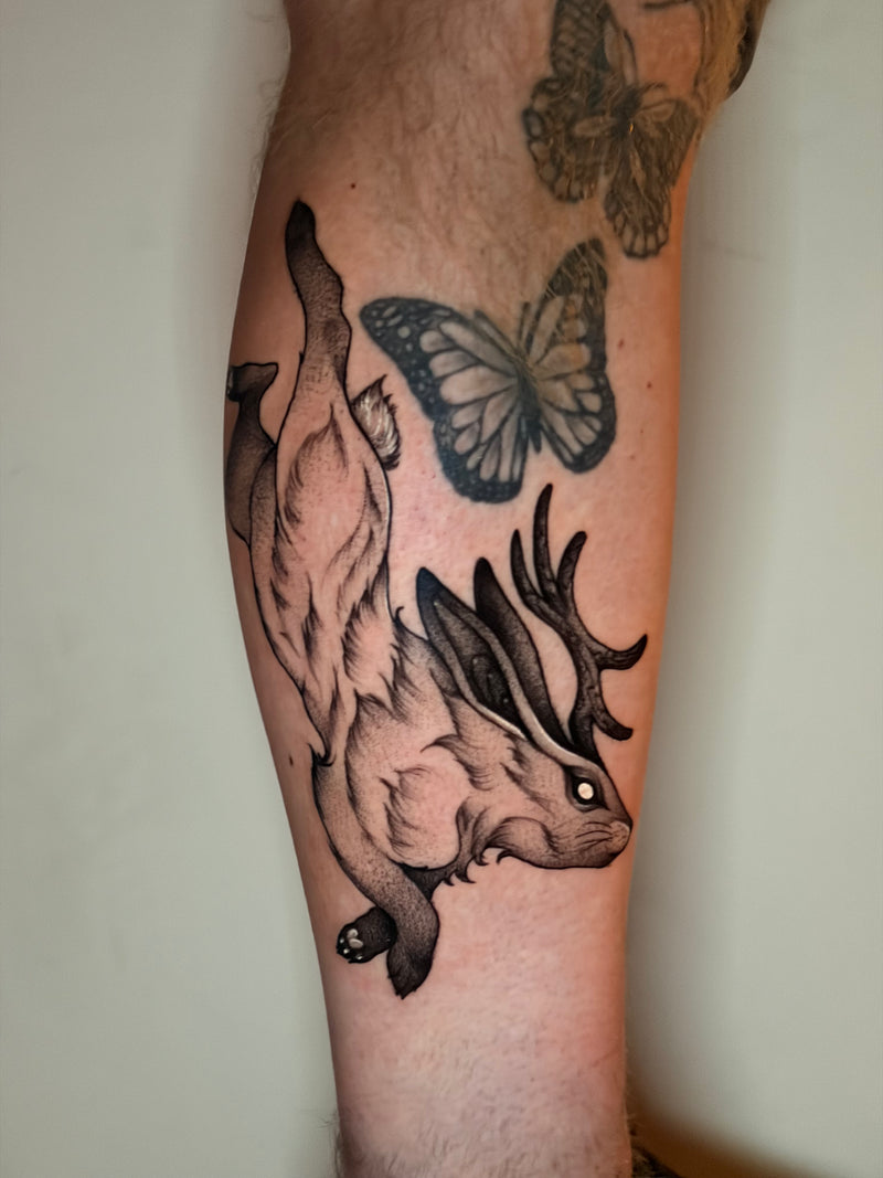 A close-up of a person's calf featuring a detailed black and gray tattoo of a jackelope