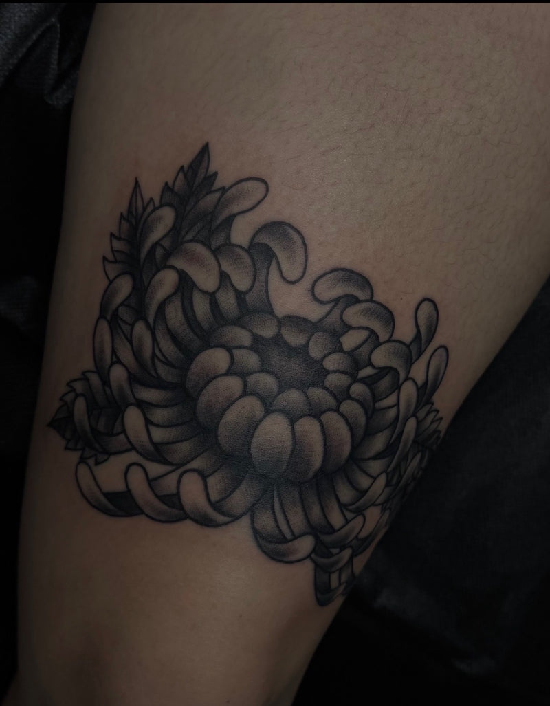 A black and gray shaded floral tattoo of a chrysanthemum on a person's upper arm.